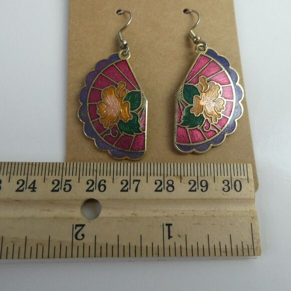 Vintage Cloisonne Dangle Fishhook Flower Floral Colorful Earrings Pierced Boho - Picture 5 of 6